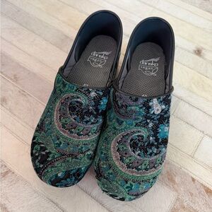 Dansko velvety green and blue paisley pattern clogs